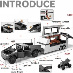 funablo 1:32 Scale Die-Cast CyberrTruck Pick-Up Trailer with 6 Openable Doors Pull Back image 5