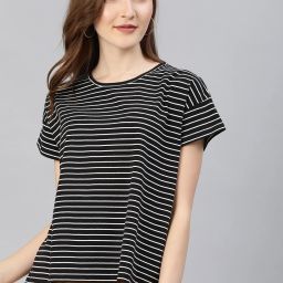 Women Striped Round Neck Pure Cotton Black T-Shirt-image-43