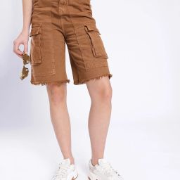 Solid Women Brown Cargo Shorts-image-21
