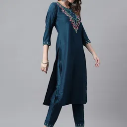 RAJGRANTH Teal & Pink Yoke Design Notched Neck Sequinned Kurta With Trousers & Dupatta image 5