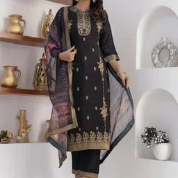 VredeVogel Floral Self Design Sequinned Notch Neck Straight Kurta With Trousers & Dupatta-picture-47