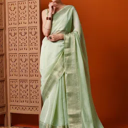 Anouk Green & Gold-Toned Woven Design Zari Organza Saree-picture-27