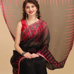 Sangria Black & Pink Printed Sequinned Organza Saree-image-44