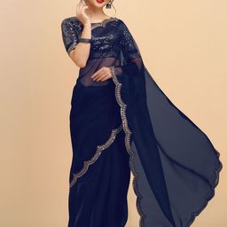 Sangria Navy Blue & Gold-Toned Embellished Embroidered Organza Saree-image-82