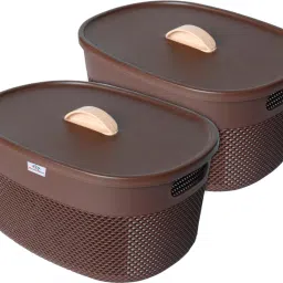 Plastic Unbreakable Large Storage Baskets with lid|Shape-Oval|Color-Brown|Pack of 2 Storage Basket-image-79