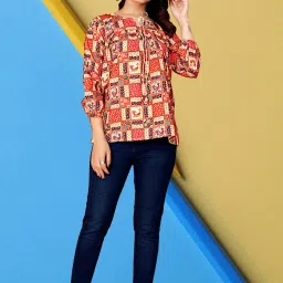 Casual Cuffed Sleeves Floral Print, Printed Women Maroon Top-image-11