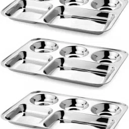 Stainless Steel Rectangular Bhojan / Lunch / Dinner Plate (5 Units) Sectioned Plate-23