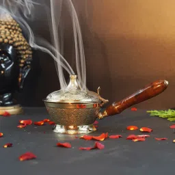 Aarti Sambrani Stand & Loban Dhoop Burner Brass with Wooden Holder Brass Table Diya-image-71