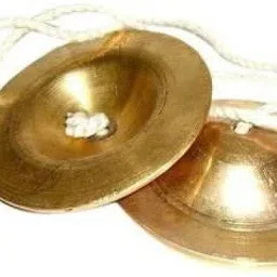 manjira, jalra, khartàl or gini is a pair of clash cymbals which make high-pitched percussion sounds. In its simplest form, it consists of a pair of small hand cymbals.It is a part of Indian music and culture, used in various traditional customs e.g. Bihu music, Harinaam etc. Each cymbal is connected with a cord which passes through hole in its center. The pitch of different types of taal vary according to their size, weight and the materials used. A player can also adjust the timbre by varying the point of contact while playing. Kartal Instrument-image-25