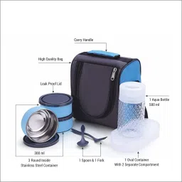 Lunch Box Soft Insulated (3 SS Container,2 Spoon,1 bottle,1 Oval Container),Blue 3 Containers Lunch Box image 2