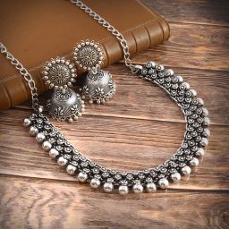 Oxidised Silver Silver Silver, Black Jewel Set-image-12