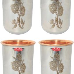 (Pack of 4) Designer Floral Laser Design Copper Steel Glasses Tumbler Set (220 ml Each) Set of 4 pcs Glass Set Water/Juice Glass-3