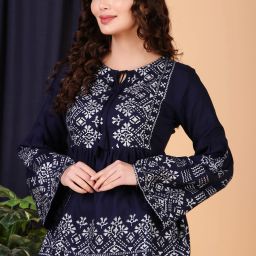 Casual Bell Sleeves Printed Women Dark Blue, White Top-image-64
