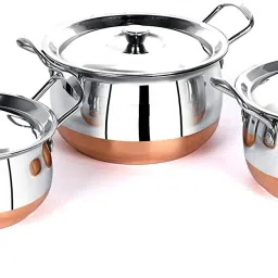 3 pcs export quality premium design luxurious stainless steel copper handi Cookware Set with lid and handle (Stainless Steel 3 - Piece) Cookware Set Capacity: 1.5 L, 1 L, 0.75 L Handi 1.5 L, 1 L, 0.75 L with Lid (Stainless Steel) Donga Handi Dish Serving Set-8