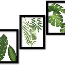 Nature Inspired Modern Art For Home Office Studio Wall Decor | Leaf Abstract Modern Art for Bedroom Living Room Wall Decoration with Glass Frame | Set of 3 Digital Reprint 14 inch x 11 inch Painting-image-89