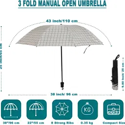 flipkart smartbuy 3 Fold Checkered Printed Rain Sun & UV Rays Protective Black Coated Manual Open Umbrella image 5