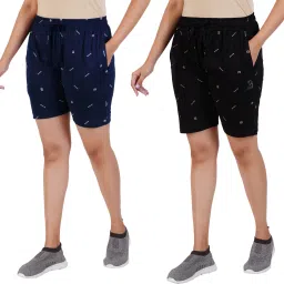 Pack of 2 Printed Women Black, Dark Blue Regular Shorts-image-78