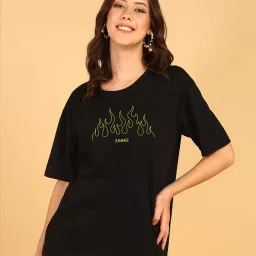 Printed Women Round Neck Cotton Blend Black T-Shirt-image-95