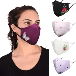 Anti-Pollution, Anti-Bacterial (BFE>99%) 4 Layer Embroidered, Designer, Fashionable & Protective Cotton Cloth Face Mask Combo for Women with 1 Detachable Chain & Ear Loops Rosette_Combo_Large_05 Reusable, Washable Cloth Mask-23