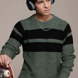 Men Striped Round Neck Green Sweater-image-85