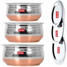 Stainless Steel Serving Bowl stainless steel handi set Copper Bottom handi/Urli Set with Lid Cookware Set (Stainless Steel, Copper, 3 - Piece) Induction Bottom Cookware Set/tapeli/pateli/patila/bhagona/milk biryani pot pan/serving bowl size:-1.5 L, 1.2 L, 1.00 L-5