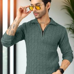 Men Self Design V Neck Green Sweater-image-34
