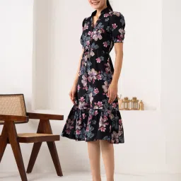 Women Fit and Flare Black Knee Length Dress-image-11