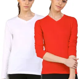 Pack of 2 Women Solid V Neck Cotton Blend Red, White T-Shirt-image-74