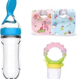 Silicone Baby Food Feeding Bottle 2 Bibs & fruit feeder with rattle- Silicone-31