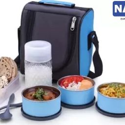 STAINLESS STEEL CONTAINER TIFFIN IN BLUE COLOR LEAK-PROOF LUNCHBOX WITH BOTTLE 3 Containers Lunch Box-25