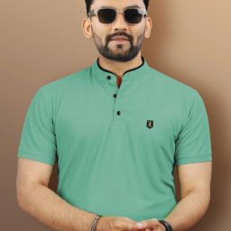 Men Solid Polo Neck Polyester Light Green T-Shirt-image-15