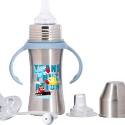 3 Stage Stainless Steel Wide Neck Feeding Bottle w Teat, Spout, Straw & Handle - 250 ml-image-25
