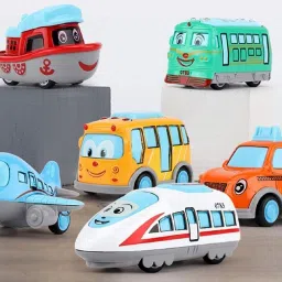 Die-Cast Metal Pull Back Mini Car Set of 6 Train, Bus, Taxi, Tram, Plane & Ship.-3