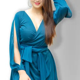Women Wrap Green Knee Length Dress-image-80