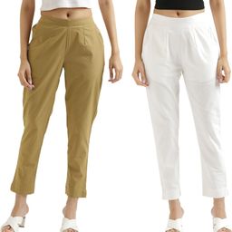 houseofcommon Pack of 2 Women Regular Fit Beige, White Pure Cotton Trousers-picture-46