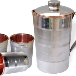 Steel Copper Pitcher with 3 Tumblers Best Quality Drinkware Set for Ayurveda Healing Jug Glass Set-image-79