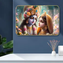 Premium Crystal Radha Krishna High Gloss Surface with Golden Slim Frame Glass Print 12 inch x 18 inch Painting-4