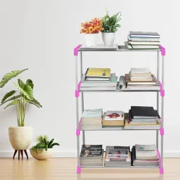 4 layer bookshelf for home office bookcase pink rack Plastic Open Book Shelf-12