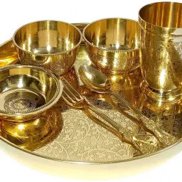 Pack of 7 Brass Floral Design Pital Thali Set , Dinner Set for Dinnerware Serveware Dinner Set-25