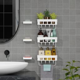 Multipurpose Bathroom Shelves Rack & Soap Dish with Towel Hanger & Rozar Hooks Plastic Wall Shelf-image-69
