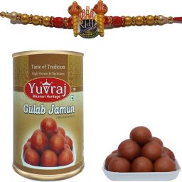Rakhi for Brother Desinger Ram rakhi & 500 gm Tin Gulab jamun Nylon Gift Box-image-83