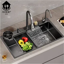Premium Waterfall Kitchen Sink 30"X18"X9" Single Bowl Stainless Steel SS 304 Pull Down faucet & complete set Under Counter Basin-14