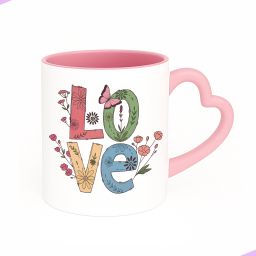 Floral love design, romantic gift for girlfriend, wife (Pink Heart Handle) Ceramic Coffee Mug-image-61