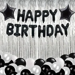 Solid Happy Birthday Balloon Foil Black With 30 Metallic Balloons and 2 Curtain Silver & 2 Star Foil Black Decoration Kit Balloon-45
