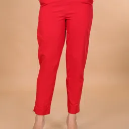 Women Regular Fit Red Pure Cotton Trousers-image-74