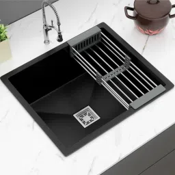 Granite Quartz Single Bowl Kitchen Sink With Drain Rack/Basket with Hose Pipe and Waste Coupling {24x18 Inches} Under Counter Basin-image-40