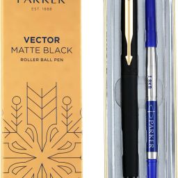 Vector Matte Black Stainless Steel, Gold Trim Roller Ball Pen-11