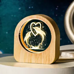 3D Heart Dolphine Cube Crystal Ball With Wooden Frame USB Powered Decorative Showpiece - 8.5 cm-0