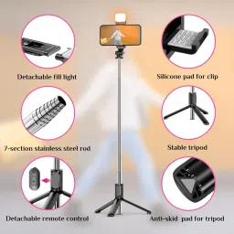 BUFONA Multifunctional Selfie Sticks Tripod Stand with Detachable Remote & LED Light Tripod, Tripod Kit, Monopod, Monopod Kit, Tripod Clamp image 4