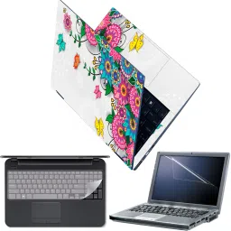 Techfit Full Body Laptop Skin with Screen Guard and Key Guard Flowers Artistic Butterfly Combo Set-9